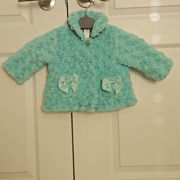 HP Little Me Toddler Girl Faux Fur Spring Jacket 12 Months Light Aqua - Picture 2 of 16